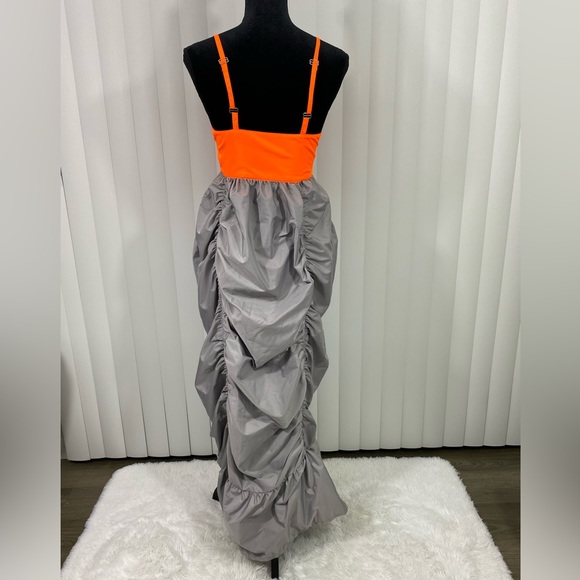 LUSIFER x MO&CO Ruched Nylon Parachute Maxi Dress Gray Neon Orange Size Small - Picture 6 of 16
